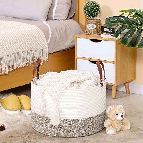 KAKAMAY Large Cotton Rope Blanket Basket (20"x13"),Woven Baby Laundry Hamper，Blanket Basket for Nursery, Laundry, Living Room, Pillows, Toys with Handles （White）