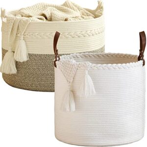 kakamay large cotton rope blanket basket (20"x13"),woven baby laundry hamper，blanket basket for nursery, laundry, living room, pillows, toys （white/beige）