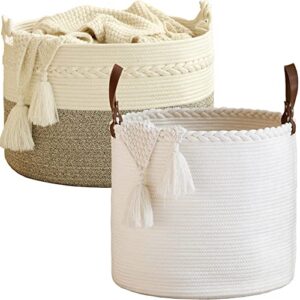 KAKAMAY Large Cotton Rope Blanket Basket (20"x13"),Woven Baby Laundry Hamper，Blanket Basket for Nursery, Laundry, Living Room, Pillows, Toys （White/Beige）