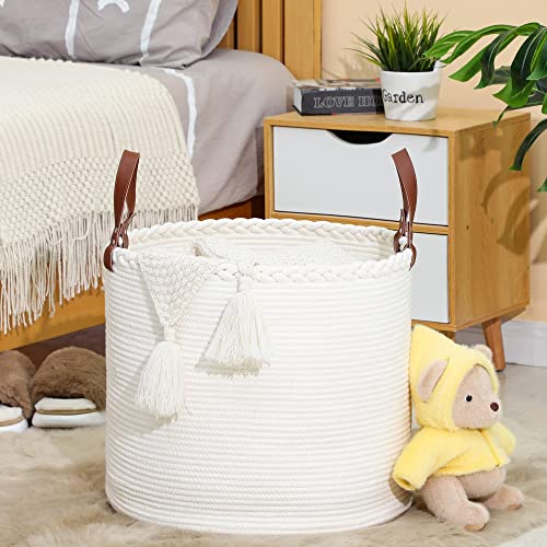 KAKAMAY Large Cotton Rope Blanket Basket (20"x13"),Woven Baby Laundry Hamper，Blanket Basket for Nursery, Laundry, Living Room, Pillows, Toys （White/Beige）