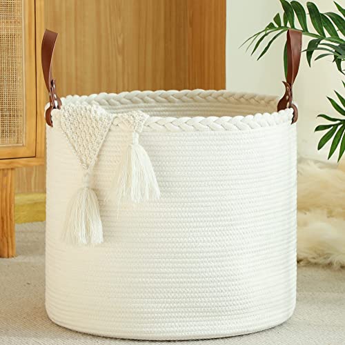 KAKAMAY Large Cotton Rope Blanket Basket (20"x13"),Woven Baby Laundry Hamper，Blanket Basket for Nursery, Laundry, Living Room, Pillows, Toys （White/Beige）