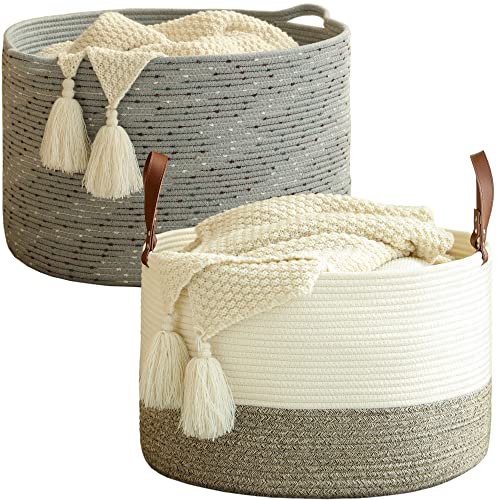 KAKAMAY Large Cotton Rope Blanket Basket (20"x13"),Woven Baby Laundry Hamper，Blanket Basket for Nursery, Laundry, Living Room, Pillows, Toys with Handles （White/Beige/Grey）