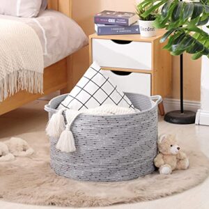 KAKAMAY Large Cotton Rope Blanket Basket (20"x13"),Woven Baby Laundry Hamper，Blanket Basket for Nursery, Laundry, Living Room, Pillows, Toys with Handles （White/Beige/Grey）