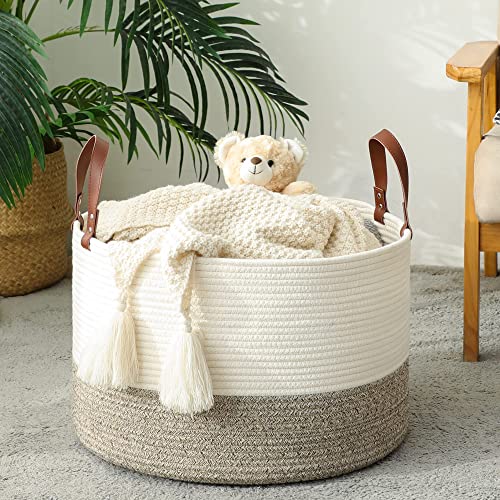 KAKAMAY Large Cotton Rope Blanket Basket (20"x13"),Woven Baby Laundry Hamper，Blanket Basket for Nursery, Laundry, Living Room, Pillows, Toys with Handles （White/Beige/Grey）
