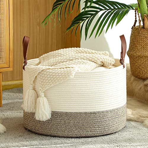 KAKAMAY Large Cotton Rope Blanket Basket (20"x13"),Woven Baby Laundry Hamper，Blanket Basket for Nursery, Laundry, Living Room, Pillows, Toys with Handles （White/Beige/Grey）