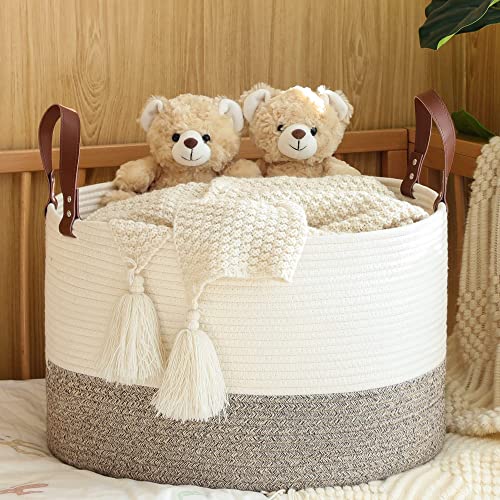 KAKAMAY Large Cotton Rope Blanket Basket (20"x13"),Woven Baby Laundry Hamper，Blanket Basket for Nursery, Laundry, Living Room, Pillows, Toys with Handles （White/Beige/Grey）