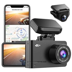 wolfbox dash cam front and rear, d07 4k dash camera for cars with wifi gps, 4k/2.5k + 1080p dual dashcam with 2.45" lcd, 170°fov, night vision, loop recording, smart parking monitor, magnetic mount