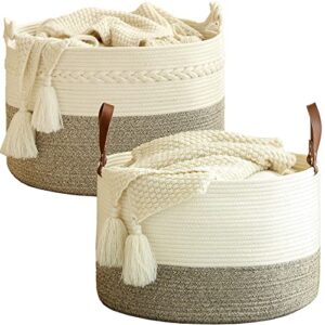 kakamay large cotton rope blanket basket (20"x13"),woven baby laundry hamper，blanket basket for nursery, laundry, living room, pillows, toys with handles （white/beige）