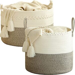 kakamay large cotton rope blanket basket (20"x13"),woven baby laundry hamper，blanket basket for nursery, laundry, living room, pillows, toys （white/beige）