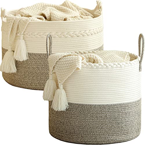 KAKAMAY Large Cotton Rope Blanket Basket (20"x13"),Woven Baby Laundry Hamper，Blanket Basket for Nursery, Laundry, Living Room, Pillows, Toys （White/Beige）