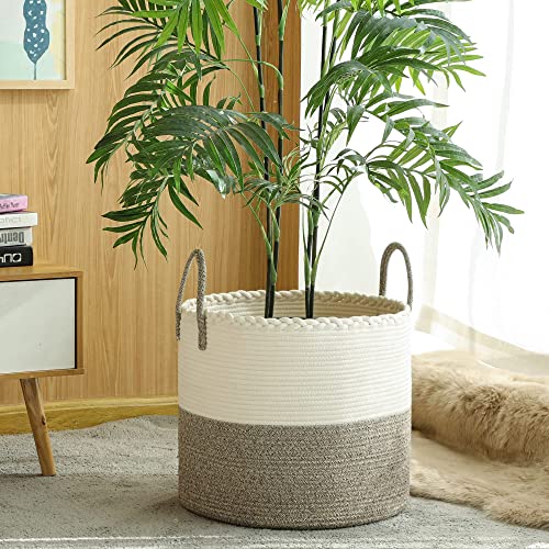 KAKAMAY Large Cotton Rope Blanket Basket (20"x13"),Woven Baby Laundry Hamper，Blanket Basket for Nursery, Laundry, Living Room, Pillows, Toys （White/Beige）