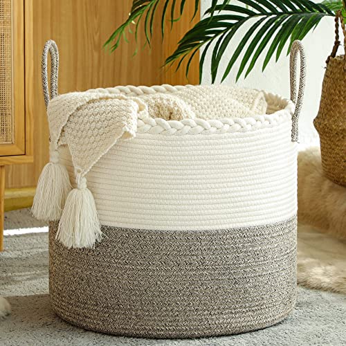 KAKAMAY Large Cotton Rope Blanket Basket (20"x13"),Woven Baby Laundry Hamper，Blanket Basket for Nursery, Laundry, Living Room, Pillows, Toys （White/Beige）