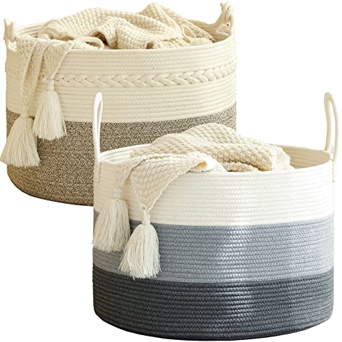 KAKAMAY Large Cotton Rope Blanket Basket (20"x13"),Woven Baby Laundry Hamper，Blanket Basket for Nursery, Laundry, Living Room, Pillows, Toys （White/Beige/Grey）