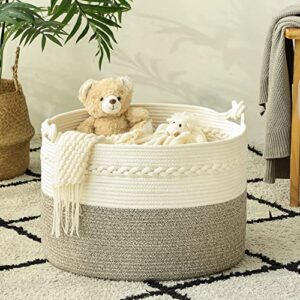 KAKAMAY Large Cotton Rope Blanket Basket (20"x13"),Woven Baby Laundry Hamper，Blanket Basket for Nursery, Laundry, Living Room, Pillows, Toys （White/Beige/Grey）