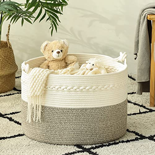 KAKAMAY Large Cotton Rope Blanket Basket (20"x13"),Woven Baby Laundry Hamper，Blanket Basket for Nursery, Laundry, Living Room, Pillows, Toys （White/Beige/Grey）