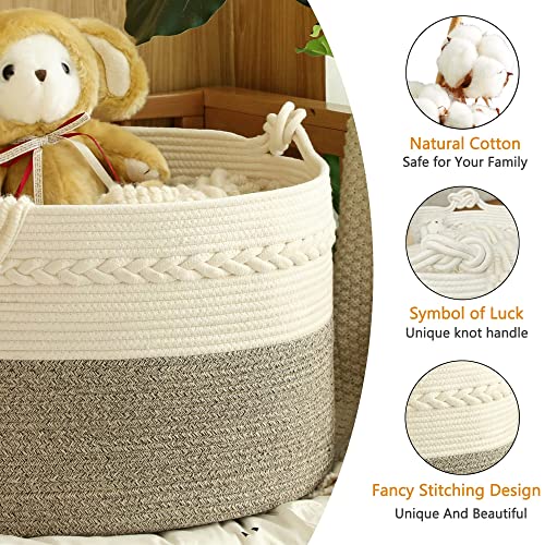 KAKAMAY Large Cotton Rope Blanket Basket (20"x13"),Woven Baby Laundry Hamper，Blanket Basket for Nursery, Laundry, Living Room, Pillows, Toys （White/Beige/Grey）