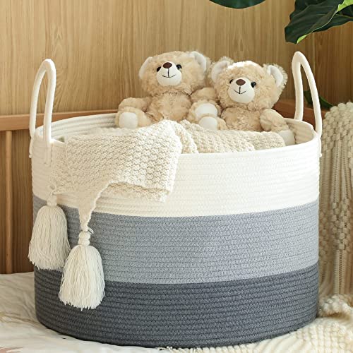 KAKAMAY Large Cotton Rope Blanket Basket (20"x13"),Woven Baby Laundry Hamper，Blanket Basket for Nursery, Laundry, Living Room, Pillows, Toys （White/Beige/Grey）