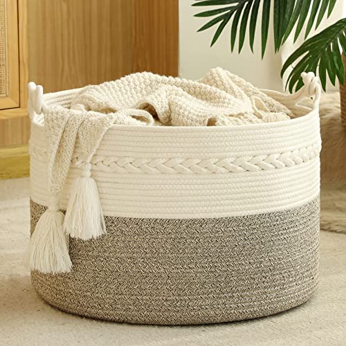 KAKAMAY Large Cotton Rope Blanket Basket (20"x13"),Woven Baby Laundry Hamper，Blanket Basket for Nursery, Laundry, Living Room, Pillows, Toys （White/Beige/Grey）