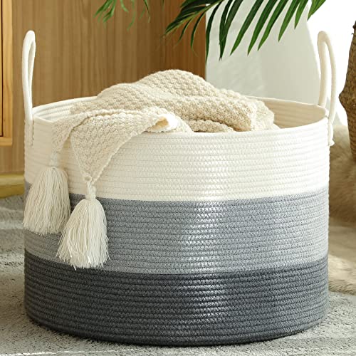 KAKAMAY Large Cotton Rope Blanket Basket (20"x13"),Woven Baby Laundry Hamper，Blanket Basket for Nursery, Laundry, Living Room, Pillows, Toys （White/Beige/Grey）