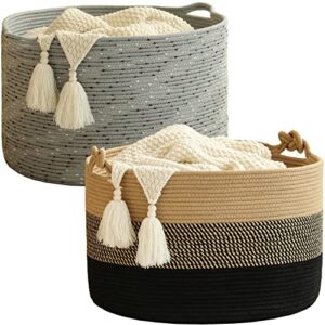kakamay large cotton rope blanket basket (20"x13"),woven baby laundry hamper，blanket basket for nursery, laundry, living room, pillows, toys（jute/black）