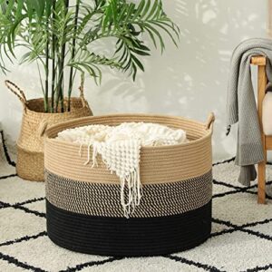 KAKAMAY Large Cotton Rope Blanket Basket (20"x13"),Woven Baby Laundry Hamper，Blanket Basket for Nursery, Laundry, Living Room, Pillows, Toys（Jute/Black）