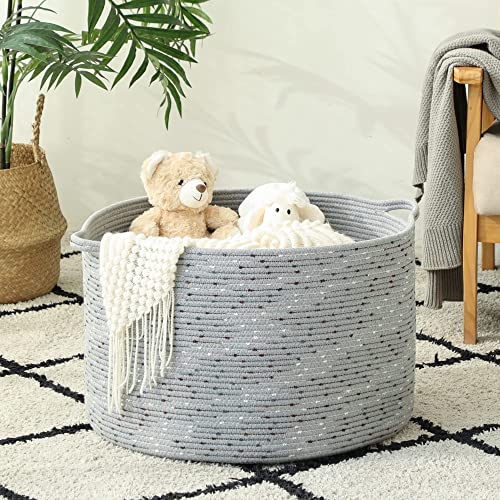 KAKAMAY Large Cotton Rope Blanket Basket (20"x13"),Woven Baby Laundry Hamper，Blanket Basket for Nursery, Laundry, Living Room, Pillows, Toys（Jute/Black）