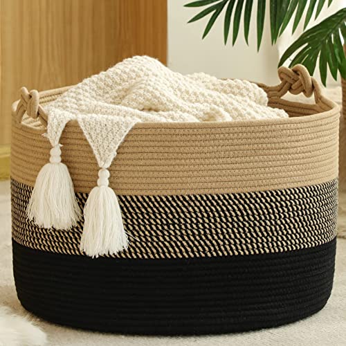 KAKAMAY Large Cotton Rope Blanket Basket (20"x13"),Woven Baby Laundry Hamper，Blanket Basket for Nursery, Laundry, Living Room, Pillows, Toys（Jute/Black）