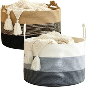 kakamay large cotton rope blanket basket (20"x13"),woven baby laundry hamper，blanket basket for nursery, laundry, living room, pillows, toys（jute/black）