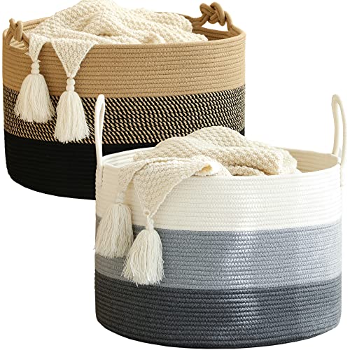 KAKAMAY Large Cotton Rope Blanket Basket (20"x13"),Woven Baby Laundry Hamper，Blanket Basket for Nursery, Laundry, Living Room, Pillows, Toys（Jute/Black）