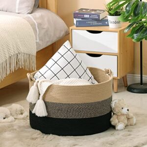 KAKAMAY Large Cotton Rope Blanket Basket (20"x13"),Woven Baby Laundry Hamper，Blanket Basket for Nursery, Laundry, Living Room, Pillows, Toys（Jute/Black）