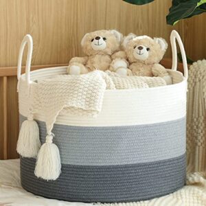 KAKAMAY Large Cotton Rope Blanket Basket (20"x13"),Woven Baby Laundry Hamper，Blanket Basket for Nursery, Laundry, Living Room, Pillows, Toys（Jute/Black）