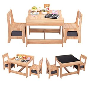 sandinrayli wooden kids table and chair set, 3 in 1 kids dining table with chairs, toddler table and chair set with storage drawer, children activity table for playing, drawing, reading