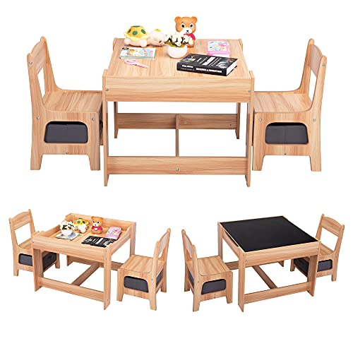 Sandinrayli Wooden Kids Table and Chair Set, 3 in 1 Kids Dining Table with Chairs, Toddler Table and Chair Set with Storage Drawer, Children Activity Table for Playing, Drawing, Reading