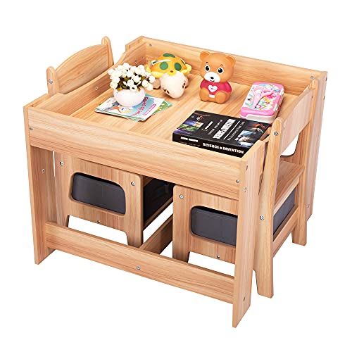 Sandinrayli Wooden Kids Table and Chair Set, 3 in 1 Kids Dining Table with Chairs, Toddler Table and Chair Set with Storage Drawer, Children Activity Table for Playing, Drawing, Reading