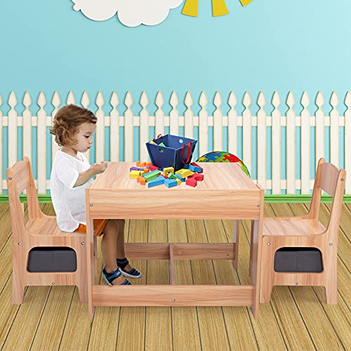 Sandinrayli Wooden Kids Table and Chair Set, 3 in 1 Kids Dining Table with Chairs, Toddler Table and Chair Set with Storage Drawer, Children Activity Table for Playing, Drawing, Reading