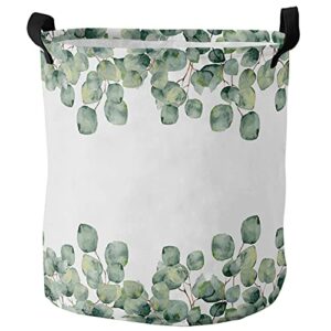 Tropical plants Large Laundry Hamper Collapsible with Handles, Waterproof Dirty Clothes Hamper Baby Nursery for Kids Room Dorm Storage, Watercolor Eucalyptus Leaves