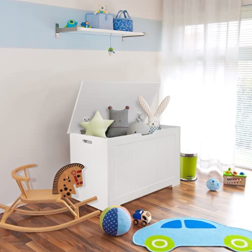 Saturnpower 30 inches Kids Wooden Toy Chest Storage Space with 2 Safety Hinge Modern Decorative Toys Bench Box for Playroom Bedroom Living Room (White)