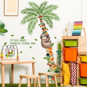 book tree plants sloth wall sticker, cute sloth climbing on the tree wall decal, removable diy vinyl mural art wallpaper décor for reading room kids bedroom nursery classroom