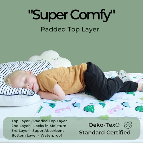 Hygge Sheets Potty Training Pads - 100% Waterproof - Bed Wetting Pads for Twin and Toddler Beds - Reusable, Non Slip and Easy to Change at Night - Includes Free Children's E-Book - Dinosaur