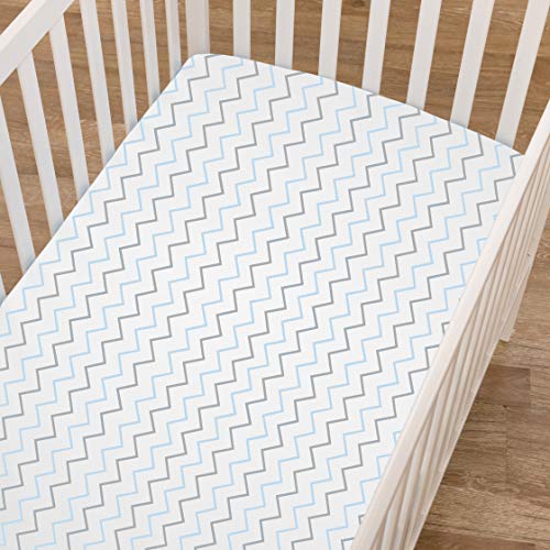 TL Care 2 Pack Printed 100% Cotton Jersey Knit Fitted Crib Sheet for Standard Crib and Toddler Mattresses, Blue Stars/Zigzag, for Boys and Girls