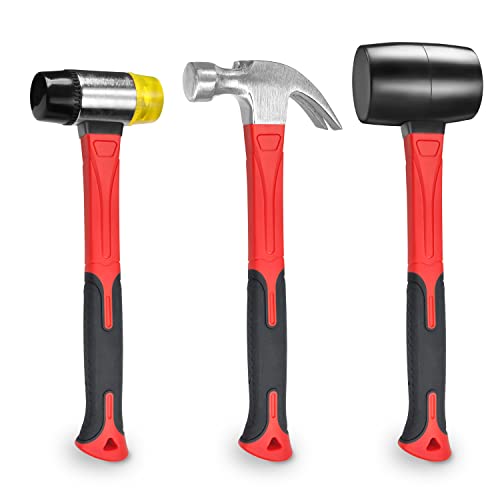 YIYITOOLS 3 Pcs Hammer Set,16oz Rubber Mallet,16oz Claw Hammer and 40mm Double Faced Soft Hammer With Shock Reduction Grip Fit for Indoor and Outdoor Furniture Decoration