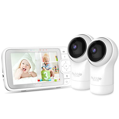 Hubble View Pro Twin 5" Video Baby Monitor with Camera and Audio, NightVision Baby Monitor with 2 Cameras Split Screen & Pan Tilt Zoom; 2Way Talk, Lullabies & Room Temp Sensor, Baby Monitor no WiFi