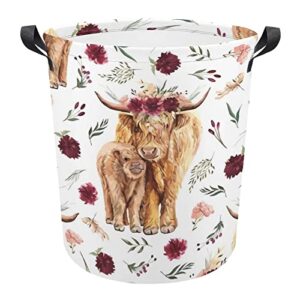 renjundun floral highland cow storage basket collapsible toys storage box bin laundry organizer for closet shelf nursery kids bedroom, 17.3'' hx16.5''d