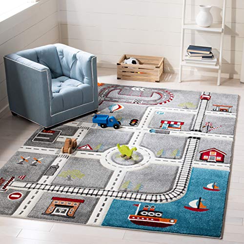 Safavieh Carousel Kids Collection Area Rug - 4' Square, Grey & Ivory, Non-Shedding & Easy Care, Ideal for High Traffic Areas for Boys & Girls in Playroom, Nursery, Bedroom (CRK192F)