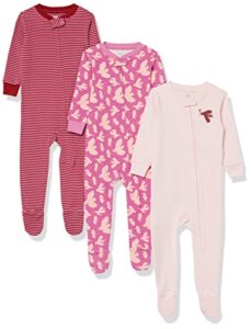 amazon essentials baby girls' snug-fit cotton footed sleeper pajamas, pack of 3, birds, 12 months