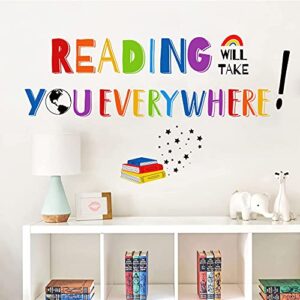 mfault reading will take you everywhere inspirational quote wall decal sticker, motivational phrase nursery decoration classroom bedroom playroom art, kid study room library positive saying decor gift