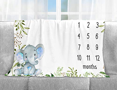 Yuzioey Baby Monthly Milestone Blanket Elephant, Safari Elephant Baby Photo Blanket, Gift for New Moms Baby Shower, Watch Me Grow Baby Boy Greenery Elephant Nursery Décor, Includes Marker (50"x40")