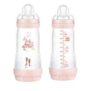 mam easy start anti colic 11 oz baby bottle, easy switch between breast and bottle, reduces air bubbles and colic, 2 pack, 4+ months, matte/girl