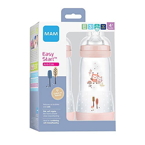 MAM Easy Start Anti Colic 11 oz Baby Bottle, Easy Switch Between Breast and Bottle, Reduces Air Bubbles and Colic, 2 Pack, 4+ Months, Matte/Girl