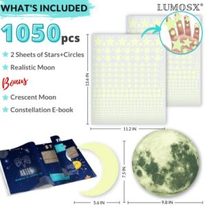 LUMOSX Glow in the Dark Stars for Ceiling - 1050pcs w/BONUS Constellation E-Book and Moons for Ceiling Decor | Glow in The Dark Stickers of Ceiling Stars, Glowing Star Decal Decoration, Star Ceiling for Kids Room Decor Kids Wall Decor